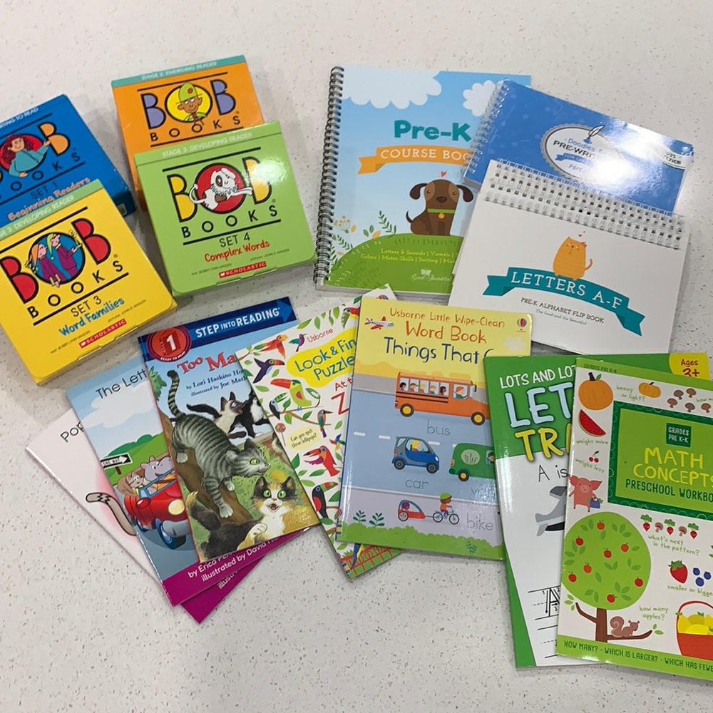Pre-K homeschool. Bob books and the Good and the beautiful Pre-K course book.